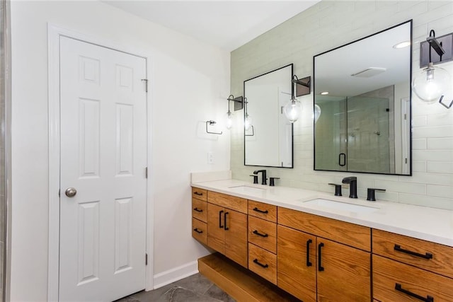 4700 Cascade Rd SW, Atlanta, GA 30331 - bathroom with tasteful backsplash, a stall shower, double vanity, and baseboards