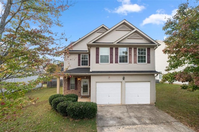 view of front of house featuring a garage and a front lawn