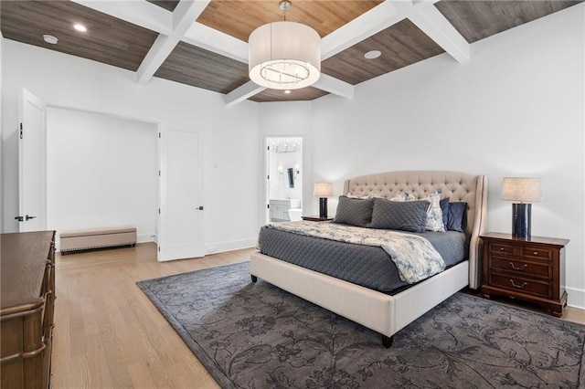 120 Nezhat Pl, Sandy Springs, GA 30350 - bedroom featuring wood finished floors, baseboards, coffered ceiling, wood ceiling with exposed beams, and recessed lighting