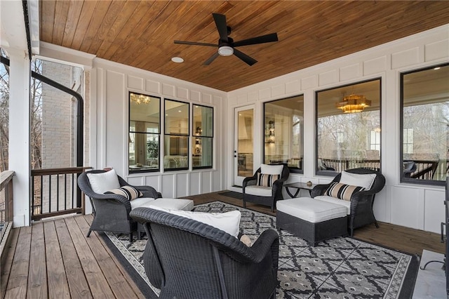 120 Nezhat Pl, Sandy Springs, GA 30350 - sunroom / solarium featuring wooden ceiling, an outdoor living space, ceiling fan, a decorative wall, and plenty of natural light
