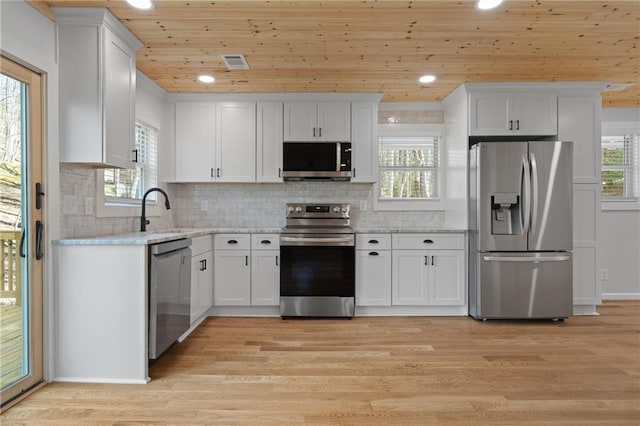 kitchen featuring white cabinets, light wood-type flooring, wooden ceiling, and stainless steel appliances