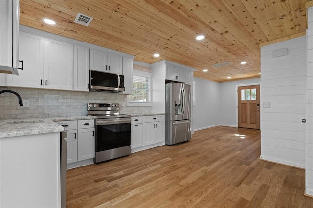 kitchen featuring a sink, light wood-type flooring, visible vents, wood ceiling, and appliances with stainless steel finishes