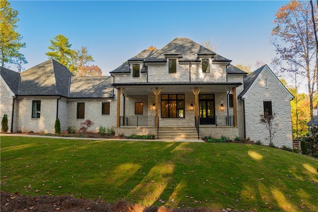 french country inspired facade with covered porch and a front lawn