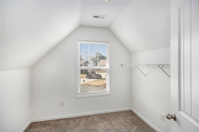 additional living space with vaulted ceiling and carpet flooring