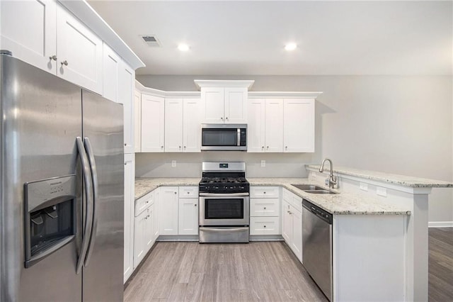 kitchen with sink, stainless steel appliances, white cabinets, and kitchen peninsula