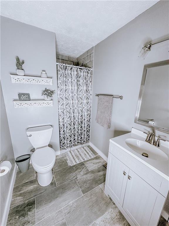 4625 Ben Hill Dr, Oakwood, GA 30566 - full bathroom with toilet, vanity, baseboards, a shower with shower curtain, and a textured ceiling