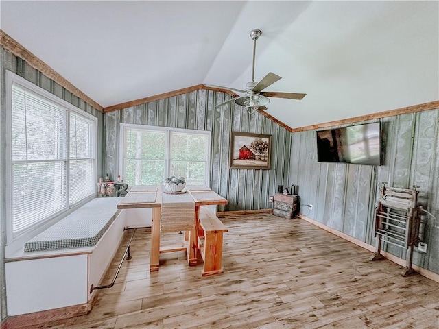 4625 Ben Hill Dr, Oakwood, GA 30566 - home office featuring a ceiling fan, lofted ceiling, wood finished floors, wooden walls, and baseboards