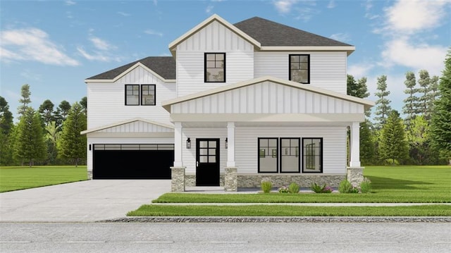 modern inspired farmhouse with a front yard and covered porch