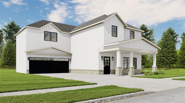 modern inspired farmhouse with a garage, a front lawn, and a porch