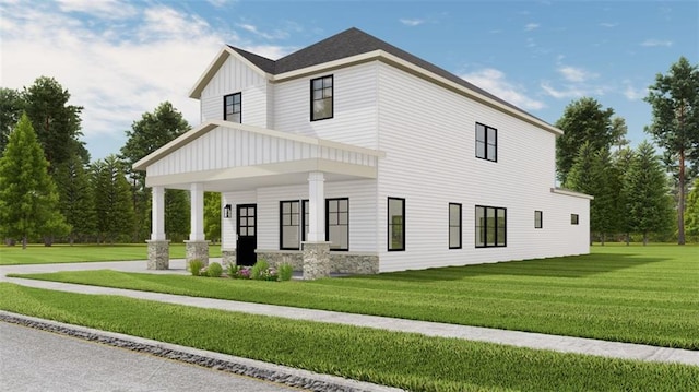 view of home's exterior with a porch and a yard