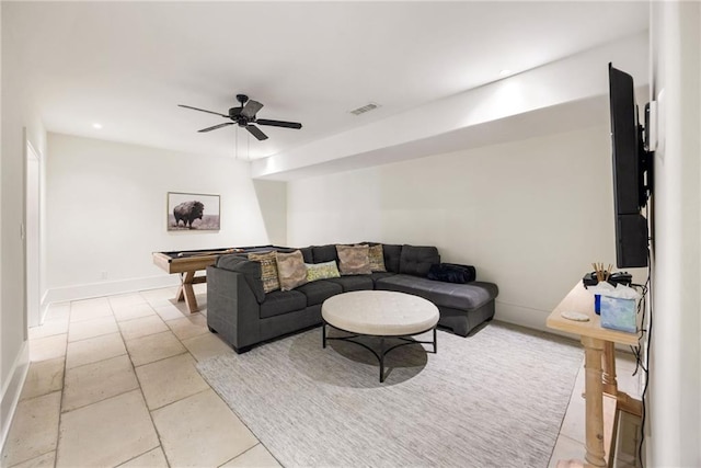 living area featuring visible vents, billiards, a ceiling fan, recessed lighting, and baseboards