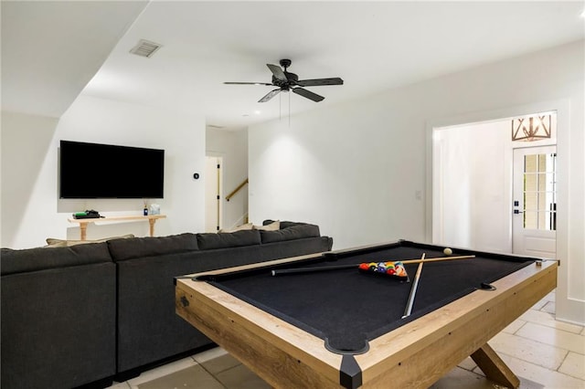 rec room featuring recessed lighting, visible vents, ceiling fan, and pool table