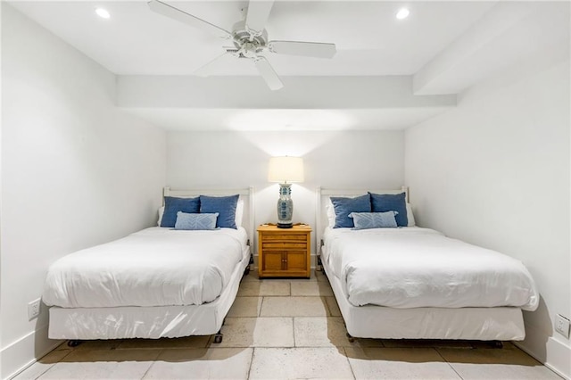 bedroom featuring recessed lighting, baseboards, and ceiling fan