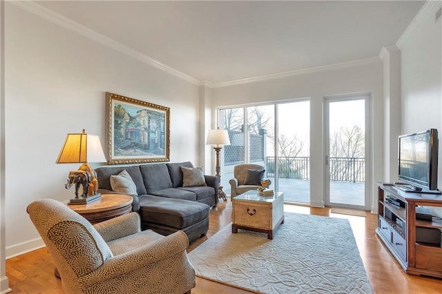 living room with crown molding and light wood-type flooring