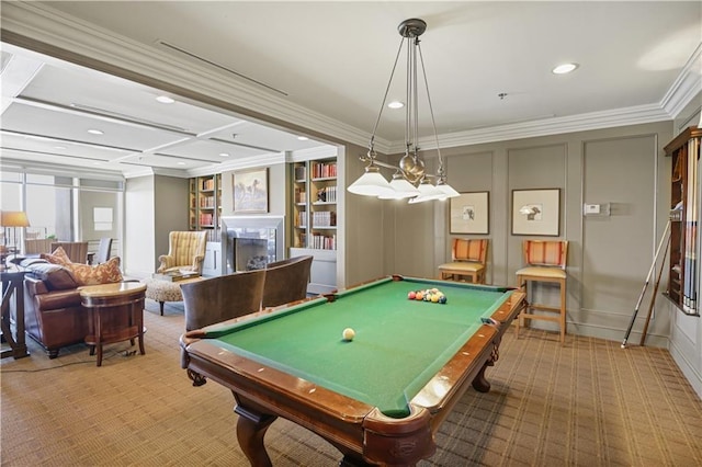 recreation room featuring light carpet, built in features, pool table, and ornamental molding