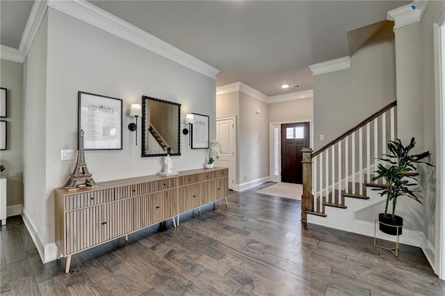 3925 Sierra Knolls Ct, Cumming, GA 30040 - entryway with ornamental molding, stairs, wood finished floors, baseboards, and recessed lighting