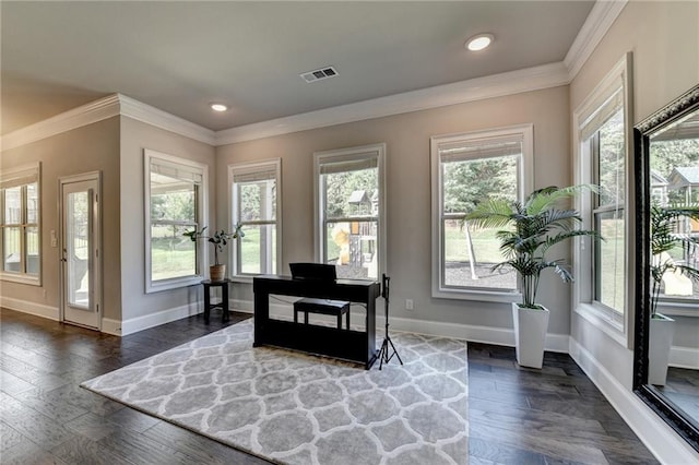 3925 Sierra Knolls Ct, Cumming, GA 30040 - office space featuring crown molding, baseboards, dark wood finished floors, and recessed lighting