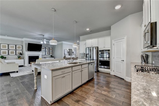 3925 Sierra Knolls Ct, Cumming, GA 30040 - kitchen featuring appliances with stainless steel finishes, a sink, ceiling fan, a fireplace, and open floor plan
