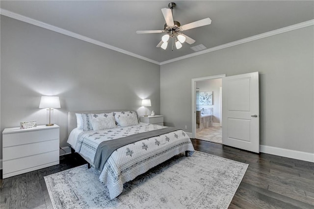 3925 Sierra Knolls Ct, Cumming, GA 30040 - bedroom featuring baseboards, crown molding, wood finished floors, ensuite bathroom, and ceiling fan