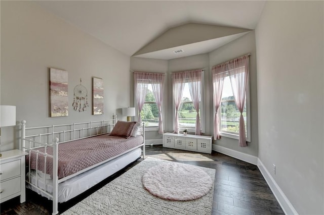 3925 Sierra Knolls Ct, Cumming, GA 30040 - bedroom featuring multiple windows, vaulted ceiling, baseboards, and dark wood finished floors