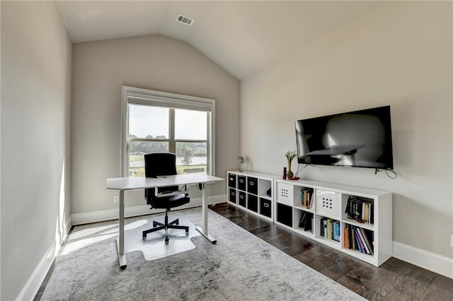 3925 Sierra Knolls Ct, Cumming, GA 30040 - office area with lofted ceiling, baseboards, and wood finished floors