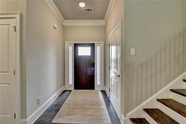 3925 Sierra Knolls Ct, Cumming, GA 30040 - entrance foyer with crown molding, dark wood-style floors, stairway, and baseboards