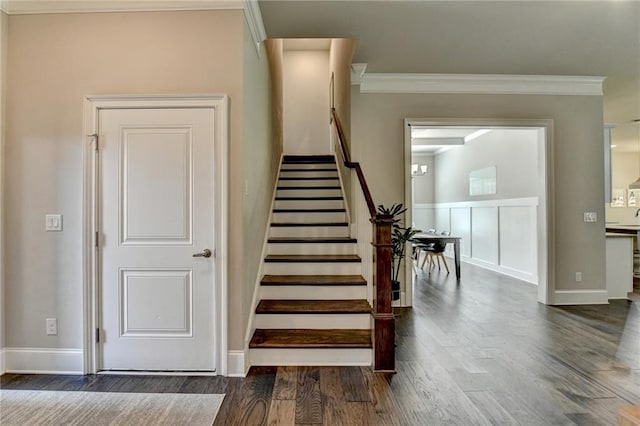 3925 Sierra Knolls Ct, Cumming, GA 30040 - stairway featuring wood finished floors, ornamental molding, and baseboards