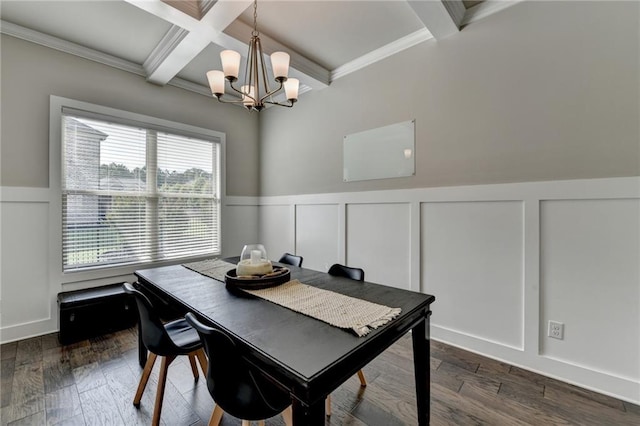 3925 Sierra Knolls Ct, Cumming, GA 30040 - dining area featuring a chandelier, beamed ceiling, a decorative wall, a wainscoted wall, and dark wood-style floors