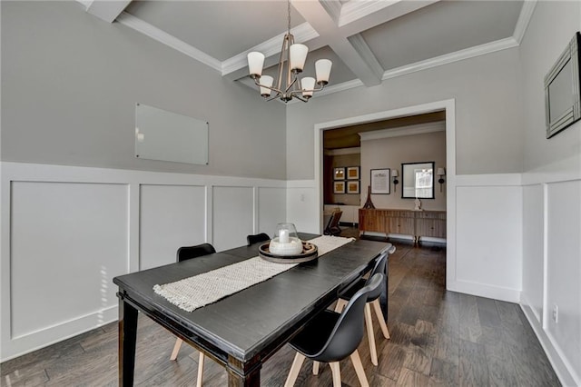 3925 Sierra Knolls Ct, Cumming, GA 30040 - dining space featuring beam ceiling, coffered ceiling, a chandelier, wainscoting, and dark wood-style flooring