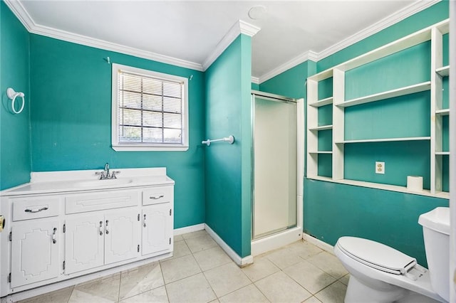 bathroom featuring vanity, crown molding, toilet, and an enclosed shower