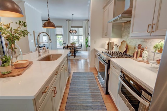 kitchen with appliances with stainless steel finishes, extractor fan, a sink, light countertops, and decorative backsplash