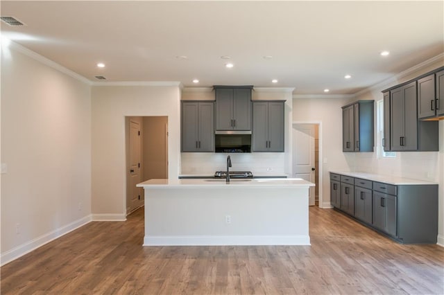 kitchen with sink, light hardwood / wood-style flooring, a kitchen island with sink, gray cabinetry, and decorative backsplash