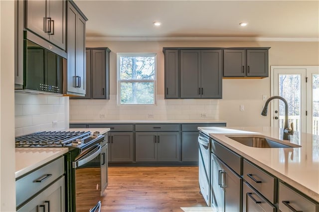 kitchen with ornamental molding, stainless steel appliances, sink, and light hardwood / wood-style flooring