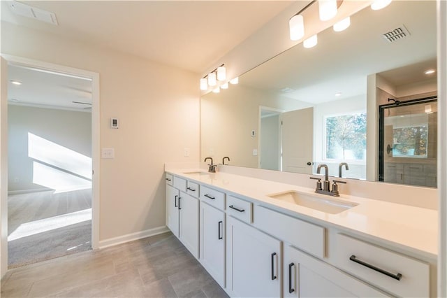 bathroom featuring walk in shower and vanity