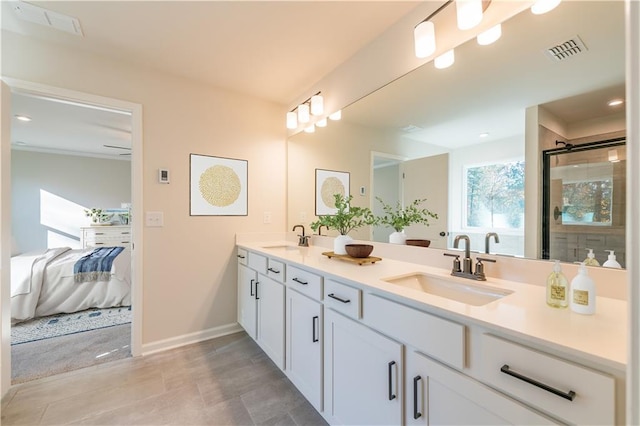 bathroom featuring vanity and an enclosed shower