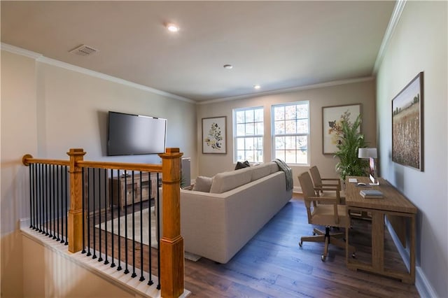 living room with crown molding and dark hardwood / wood-style flooring