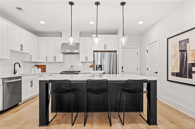 kitchen with tasteful backsplash, appliances with stainless steel finishes, white cabinetry, and exhaust hood