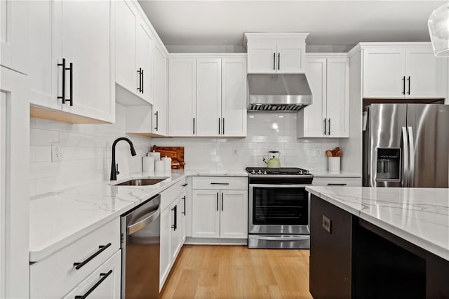 kitchen featuring light wood finished floors, under cabinet range hood, white cabinets, stainless steel appliances, and a sink