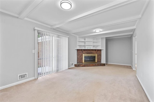 4094 Colgate Way, Decatur, GA 30034 - unfurnished living room featuring beamed ceiling, carpet flooring, and a brick fireplace