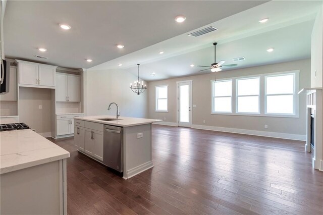 unfurnished living room with sink, lofted ceiling, dark hardwood / wood-style floors, and ceiling fan with notable chandelier