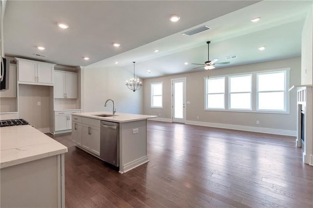 329 Willow Cv, Canton, GA 30114 - kitchen with a sink, visible vents, stainless steel dishwasher, and ceiling fan with notable chandelier
