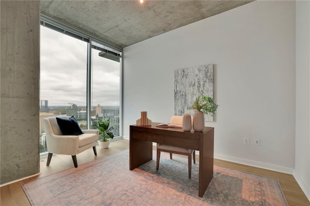 office featuring expansive windows, wood-type flooring, and plenty of natural light