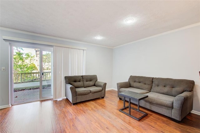 living room with crown molding and light hardwood / wood-style flooring