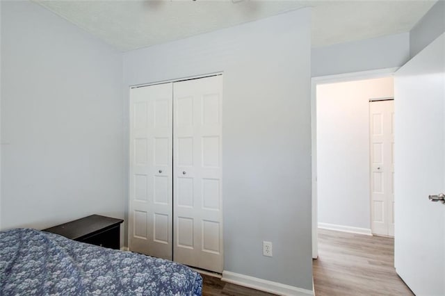 bedroom featuring wood-type flooring and a closet