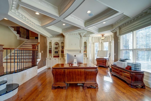 595 S Mount Carmel Rd, Mcdonough, GA 30253 - office space with plenty of natural light, crown molding, coffered ceiling, wood finished floors, and beam ceiling