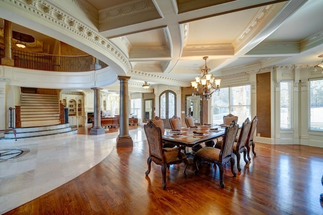 595 S Mount Carmel Rd, Mcdonough, GA 30253 - dining room featuring decorative columns, a chandelier, ornamental molding, stairs, and coffered ceiling