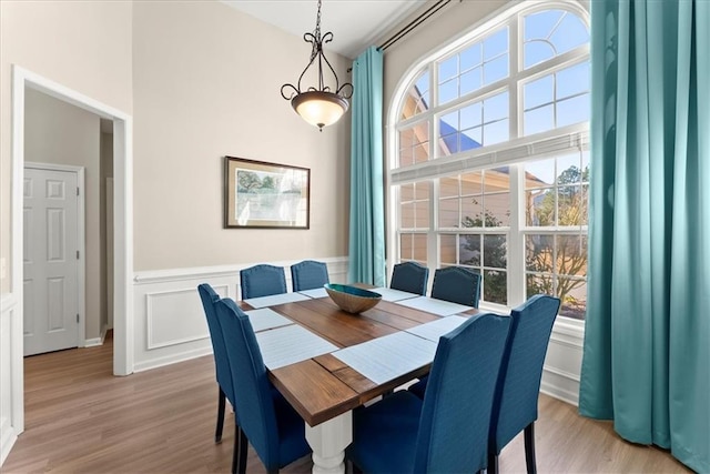 dining space with a wainscoted wall, plenty of natural light, and light wood-style flooring