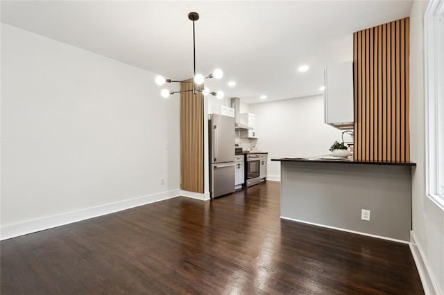 kitchen with pendant lighting, kitchen peninsula, appliances with stainless steel finishes, dark hardwood / wood-style flooring, and white cabinetry