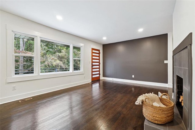 living room featuring a fireplace and dark wood-type flooring