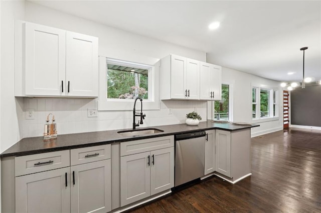 kitchen featuring dishwasher, sink, hanging light fixtures, dark hardwood / wood-style flooring, and white cabinets